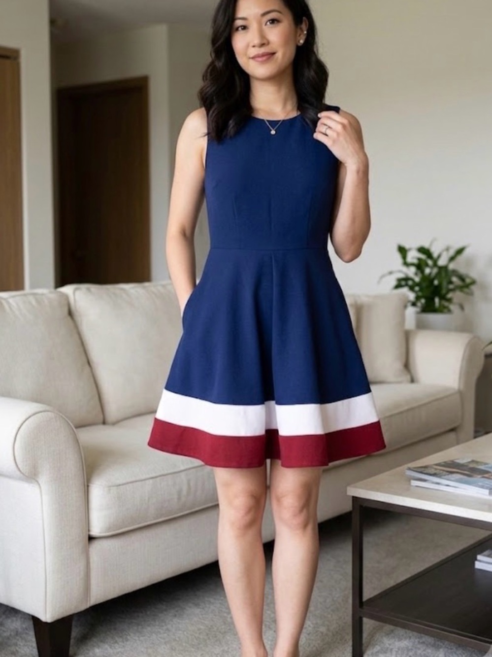 Sleeveless Navy Mini Dress with White and Red Hem